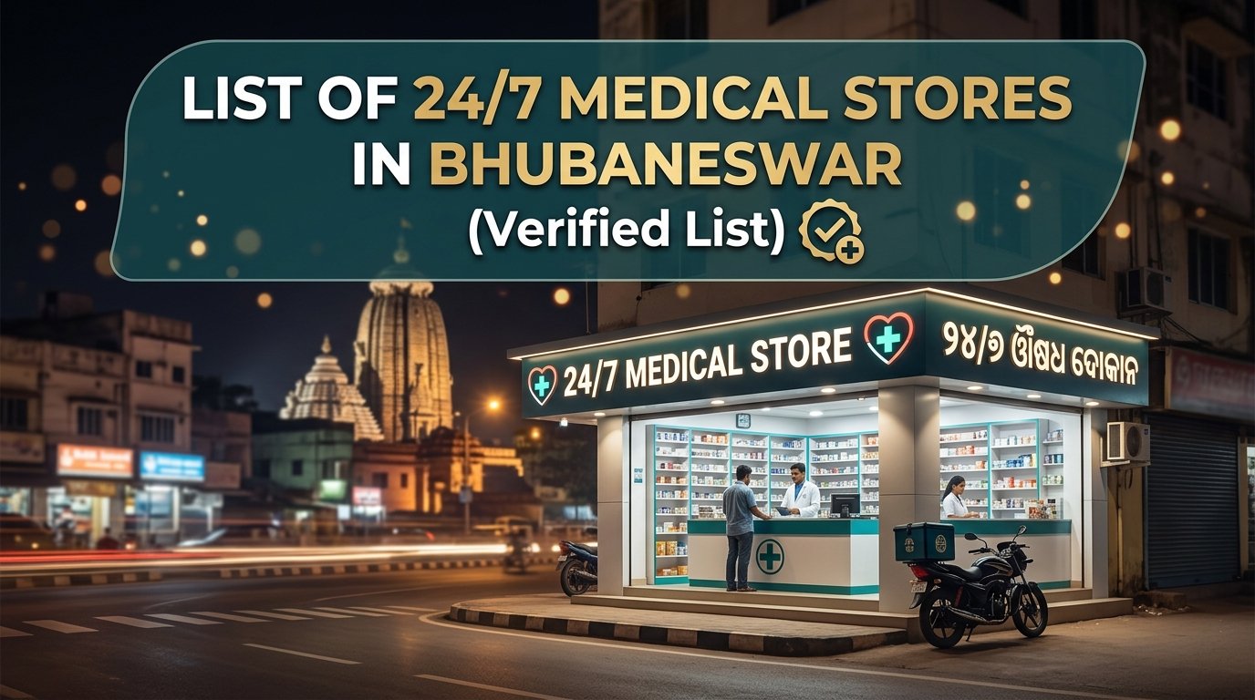 24/7 medical stores in Bhubaneswar — verified list 2026 with glowing pharmacy at night