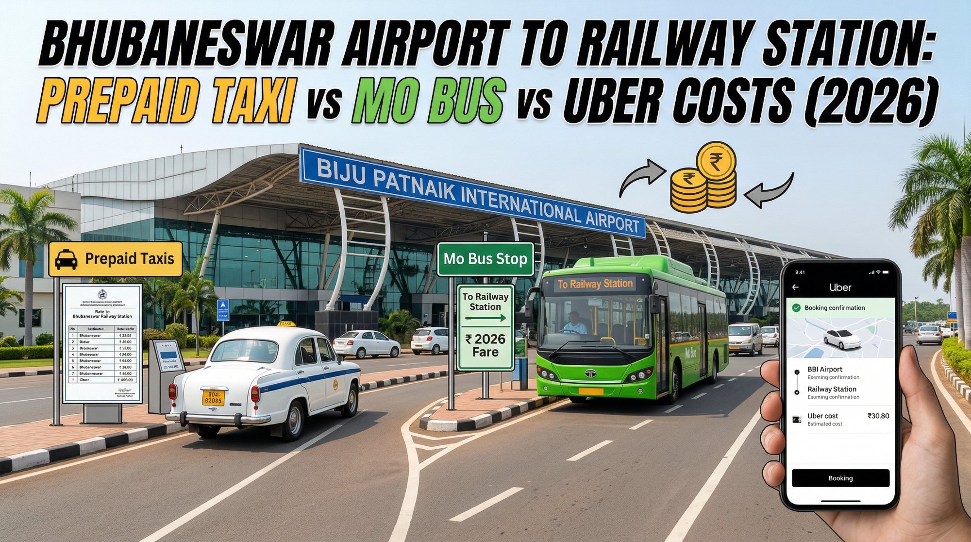 Bhubaneswar Airport to Railway Station — Prepaid Taxi vs Mo Bus vs Uber costs 2026