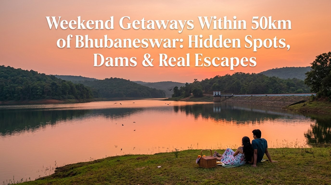 Weekend getaways within 50km of Bhubaneswar — dam reservoir at sunset with couple picnicking